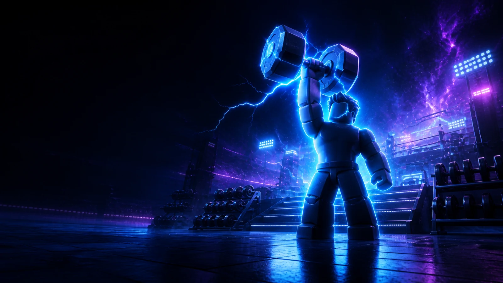 Lifting Monster decorative ImageGen key art showing a neon training arena and colossal lift